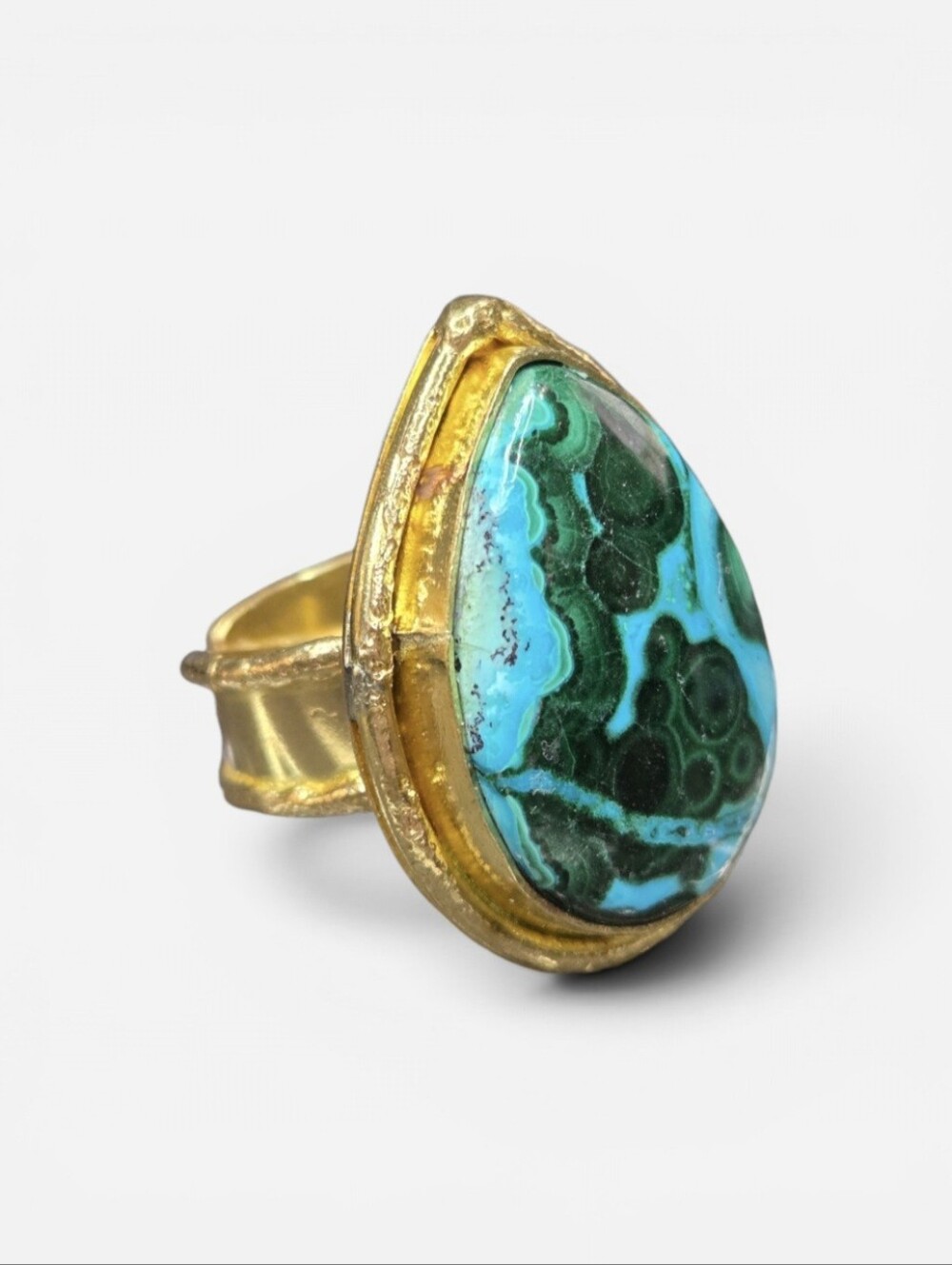 Incredible 18k Gold Plated Artisan Chrysocolla Malachite Natural Stone Ring - Picture 3 of 7
